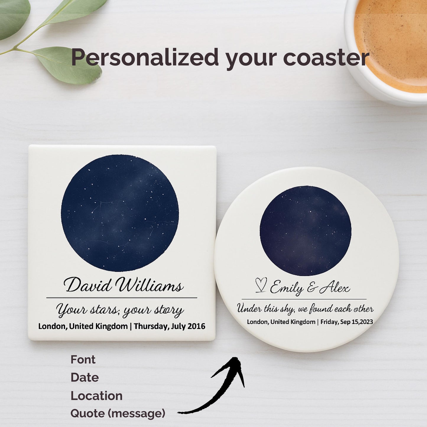 Personalised Star Map Coaster Custom Night Sky Map with Name, Date & Location for Wedding, Anniversary, Birthday, Milestone Gift