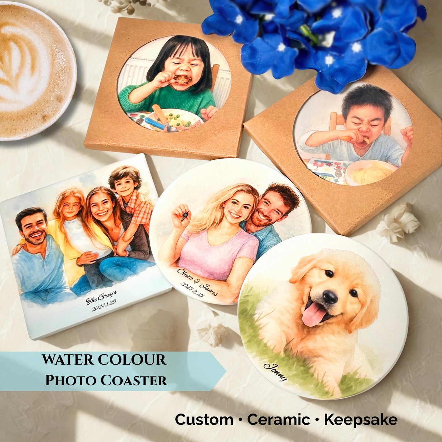 Personalized Portrait Coaster Custom Photo to Painting Coaster for Family, Couple, Kids, Pets, wedding, Christmas, Birthday