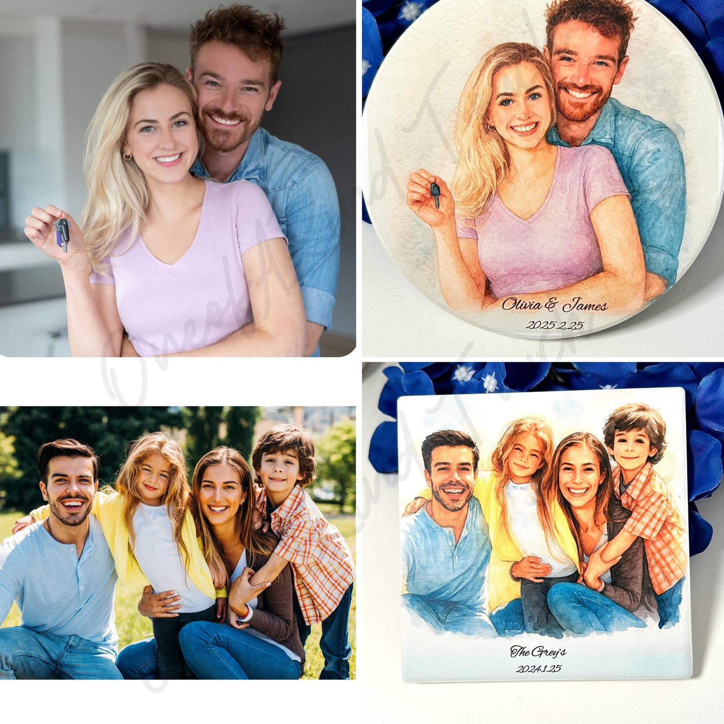 Personalized Portrait Coaster Custom Photo to Painting Coaster for Family, Couple, Kids, Pets, wedding, Christmas, Birthday