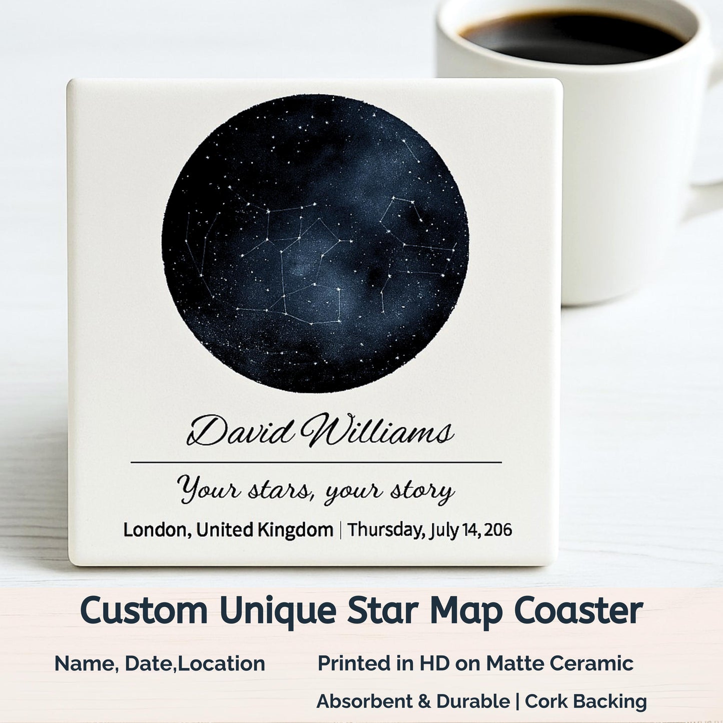 Personalised Star Map Coaster Custom Night Sky Map with Name, Date & Location for Wedding, Anniversary, Birthday, Milestone Gift
