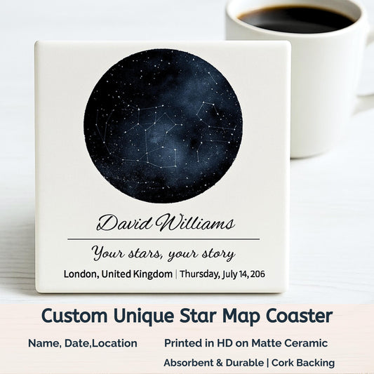 Personalised Star Map Coaster Custom Night Sky Map with Name, Date & Location for Wedding, Anniversary, Birthday, Milestone Gift