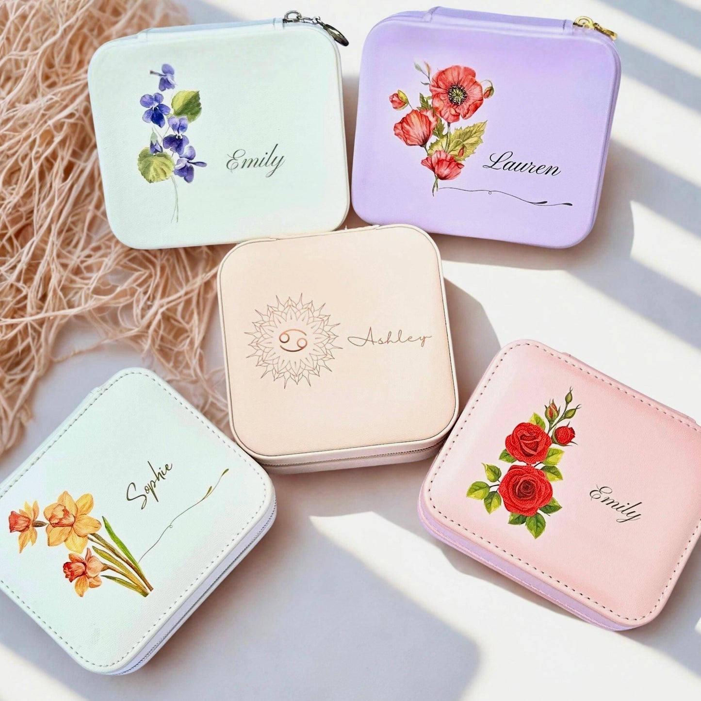 Personalized Jewelry Box with Birth Flower or Zodiac Custom Travel Jewelry box Gift for Her ,Bridesmaid Proposal , Birthday Wedding Keepsake