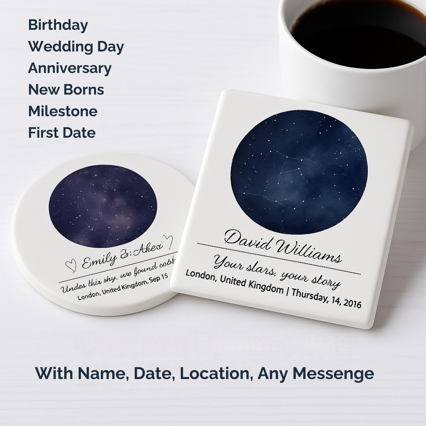 Personalised Star Map Coaster Custom Night Sky Map with Name, Date & Location for Wedding, Anniversary, Birthday, Milestone Gift