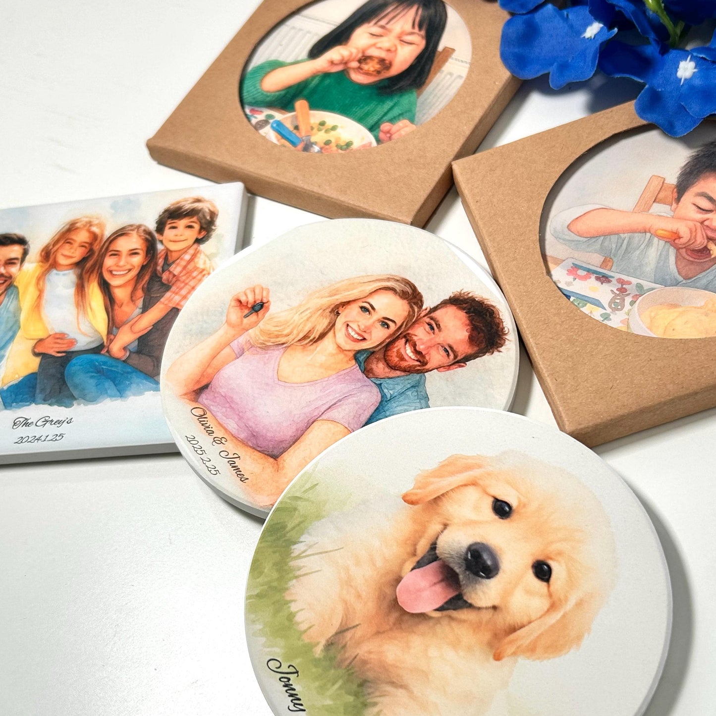 Personalized Portrait Coaster Custom Photo to Painting Coaster for Family, Couple, Kids, Pets, wedding, Christmas, Birthday